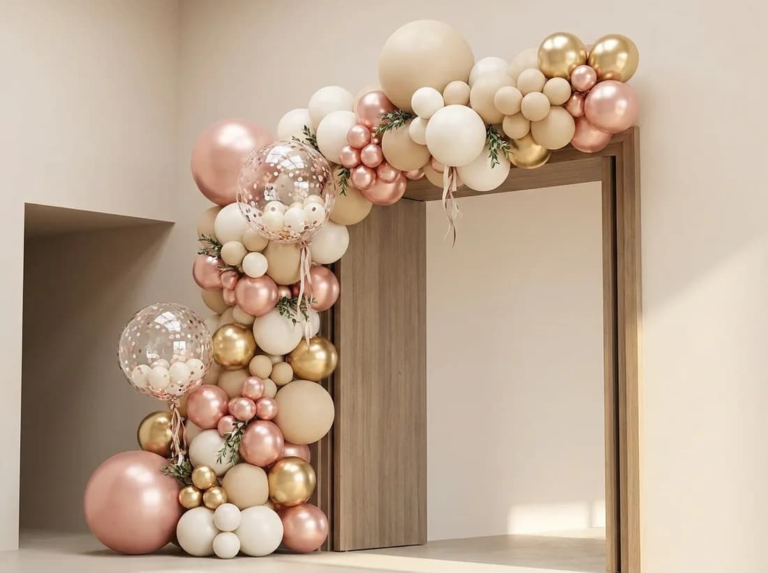 Organic balloon arch in gold, cream and rose gold against a sequin wall