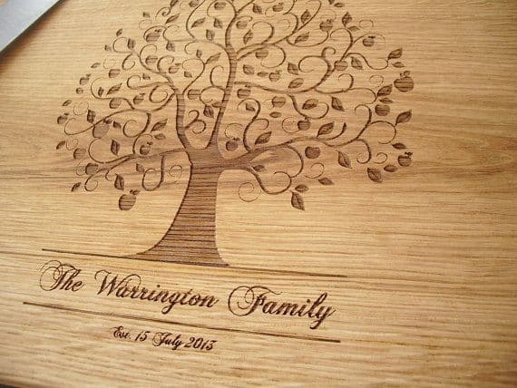 Wooden board laser-engraved with a family tree and the words "The Warrington Family, Est. 15 July 2015"
